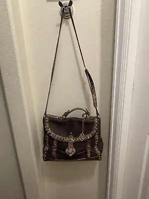 Vieta Synthetic Brown Leather Purse With Snakeskin And Gold Toned Stud Accents • $7.50