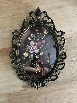 Vintage Brass Oval Ornate Convex Flowers Picture Frame Made In Italy 10”X 7” • $20