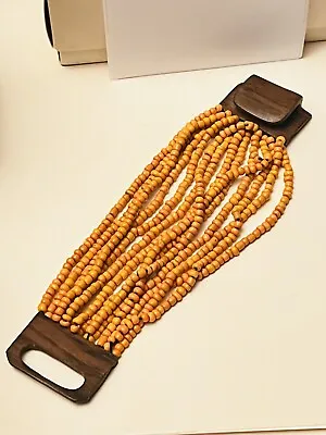 MONIES GERDA LYNGGAARD Wood Buckle Multi Glass Beads STATEMENT BRACELET Orange • $31.50