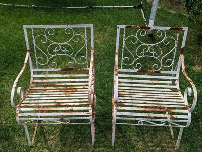 $80 • Buy Vintage Pair Metal Wrought Iron  Garden Chairs - Rustic 