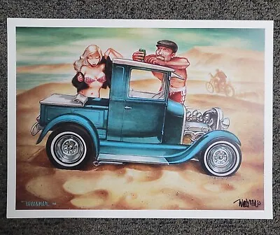 Signed Keith WEESNER Poster Print Vtg 1928 1929 Ford Hot Rod Pickup Surf Beach • $40.49