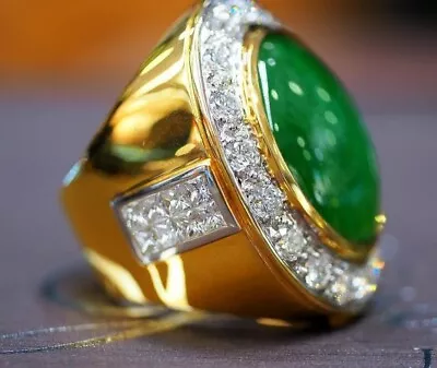 3:00 Cts Oval Cabochon Emerald With Diamonds In 10K Yellow Gold Ring For Men • $1170