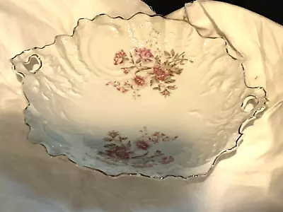 Vintage Germany C T Carl Tielsch Ruffled Bowl Handles Gold Trim Pink Flowers • $24.95