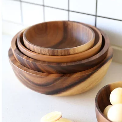 Wooden Bowl Serving Bowl Large Capacity Food Salad Bowls Polishing Soup Bowl  • $4.29