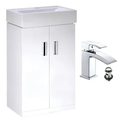 450mm Gloss White 2 Door Vanity Basin Sink Unit & Chrome Waterfall Tap & Waste • £170