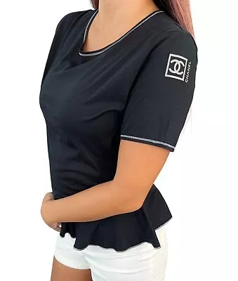 CHANEL Sports Vintage 06P CC Logo Frill T-shirt #42 Top Black Silver RankAB • £245.61