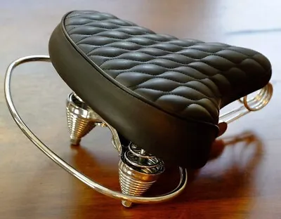 Vintage Bike Saddle Black Retro Bicycle Leather Seat With Suspnsion Cruiser Wide • $129.99