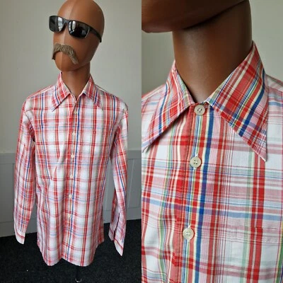 Vintage 70s Dagger Collar SHIRT | Large  SLIM FIT | Madras Check Cotton Mod AT25 • £18