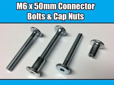 M6 X 50mm Furniture Connector Bolts & Nut Caps Allen Key Head Joint Fixing • £5.05