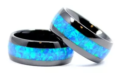 8mm Men's Black Ceramic Hawaiian Blue Opal Wedding Band Ring - Sizes 6 - 14 • $27.99