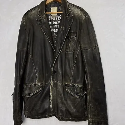 DIESEL Leather Vintage Jacket Mens L Coat Jacket Black Gray Distressed Style • $179.90