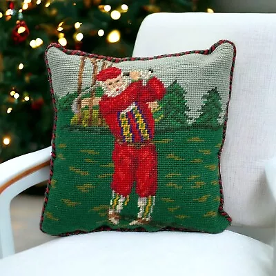 Vtg Needlepoint Christmas Pillow 9” Golfing Santa Green Velvet Back Suspenders • $18