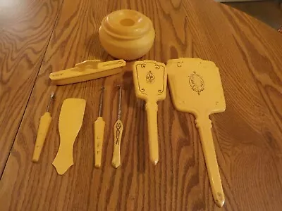 Vintage/antique Celluloid Vanity Dresser Set-hair Receiver-brush-mirror-8 Pieces • $12.99