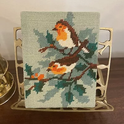 Beautiful Bird Vintage Needlepoint Canvas Completed Warm Orange & Green • $10