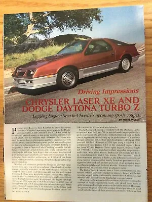 CHRY328 Article Driving Impression 1984 Chrysler Laser XE & Daytona 7/83 3 Page • $14.99