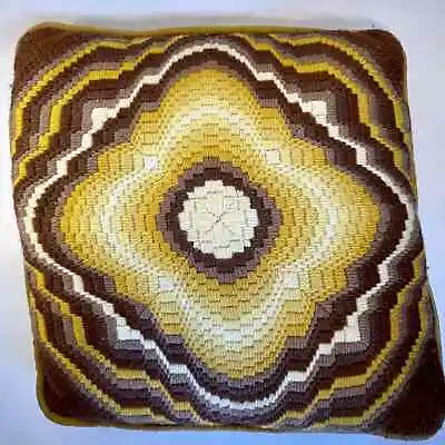 Vintage Hand Stitched Yarn Mid Century Retro Boho Pillow Geometric Yellow Brown • $39