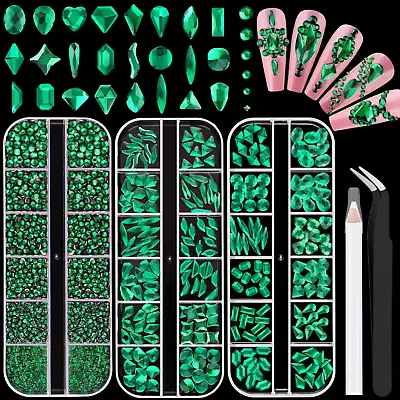 2750Pcs Emerald Green Glass Nail Rhinestones 240Pcs Multi Shapes Flatback Gems C • $22.99