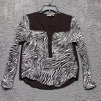 Michael Kors Shirt Womens Medium Zebra Print Brown Long Sleeve Light Henley • $13.99