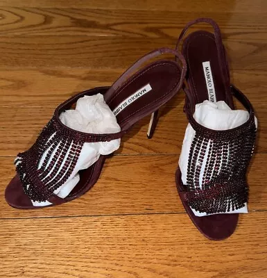 Manolo Blahnik Fringestro Burgundy Crystal Fringe Slingback Suede Heels Size 39 • $450