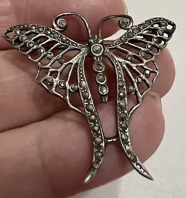 925 Filigree STERLING SILVER MARCASITE Gem BUTTERFLY PIN BROOCH Detailed VINTAGE • $9.95