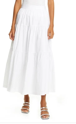 $195 • Buy STAUD White Tiered Stretch Cotton Maxi Skirt NWT Size Boho Peasant Trendy