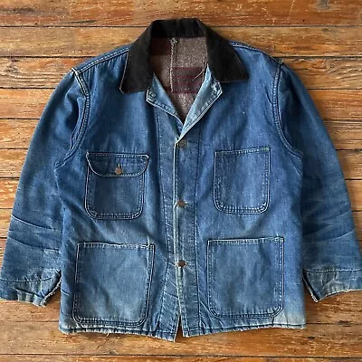 Vintage 1960s Blanket Lined Denim Chore Coat Jacket Size L-XL Sanforized Cotton • $95