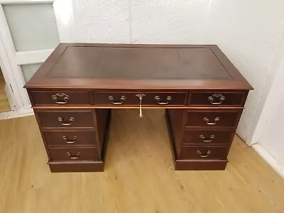 4.5x2.5ft VINTAGE BROWN LEATHER TOP CAPTAINS DESK WITH 2 FILING DRAWS + KEY • £499