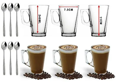 6 X 240ml Glasses - Glass Cups Mugs For Coffee / Tea / Latte / Cappucino & Spoon • £11.99