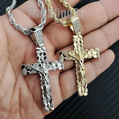 Hip Hop Iced Golden Nugget Jesus Body Cross Pendant 4mm 24  Rope Chain Necklace • $12.99