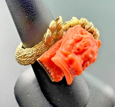 Vintage 18k Yg Yellow Gold Carved Coral Dragons Head Tail Wrap Ring Sz 7 • $2500