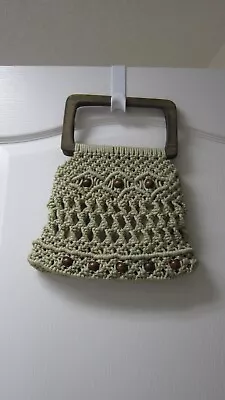 Macrame Handbag Purse Wooden Handles Beaded Lined 10 X 12 • $14.99