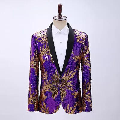 Men Suit Blazer Leaf Pattern Glitter Sequin Jacket Dress Party Dance Costume Top • $70.13