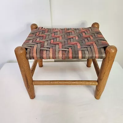 Vintage Oak Colorful Basketweave Caned Foot Stool Seat Mid Century Shaker Style • $41.61