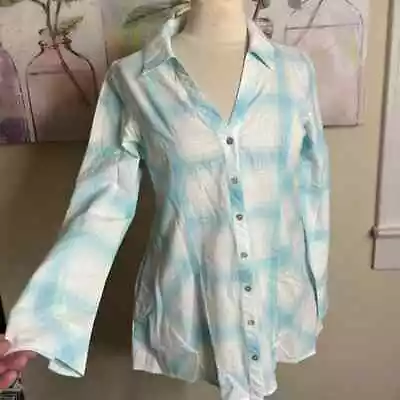 SOFT SURROUNDINGS Top Size Small Aqua White Plaid Button Up Tunic Shirt • £16.14