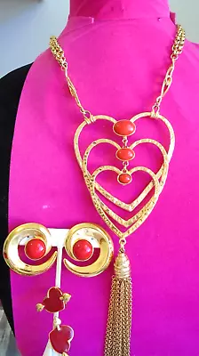 Vintage Jewelry Lot Signed Ben Amun Red Cabochon Earrings Gold Tn Heart Necklace • $29