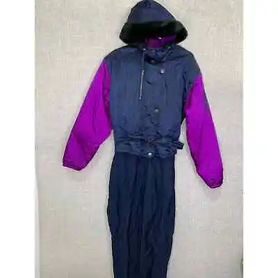 Vintage Obermeyer Ski Suit One Piece Womens 12 Color Block Purple Blue Snow Hood • $109