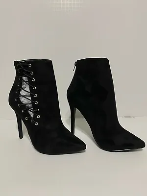 Liliana Side Laced Stiletto Booties Pointed Toe Black • $29.95