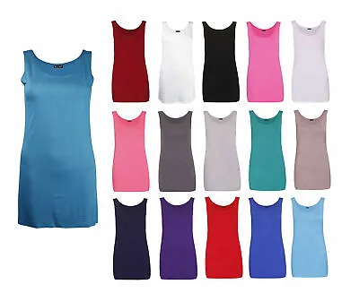 Womens Scoop Neck Sleeveless Ladies Long Stretch Plain Vest Strappy T-Shirt Top • £6.49