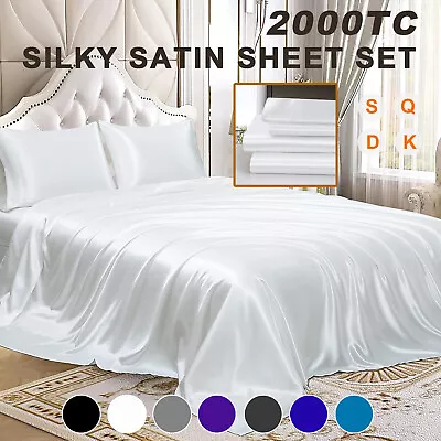 2000TC Silky Satin Sheets Fitted Flat Bed Sheet Set Pillowcases Summer All Size • $28.49