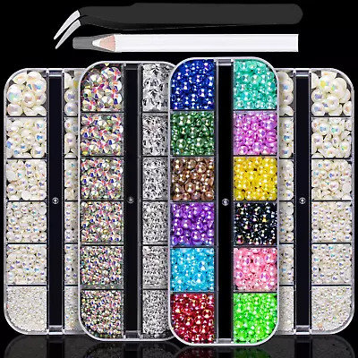 4 Boxes Flat Back Rhinestone&Pearls Kits Flatback Round Glass Crystal Ab&Clear G • $20.99