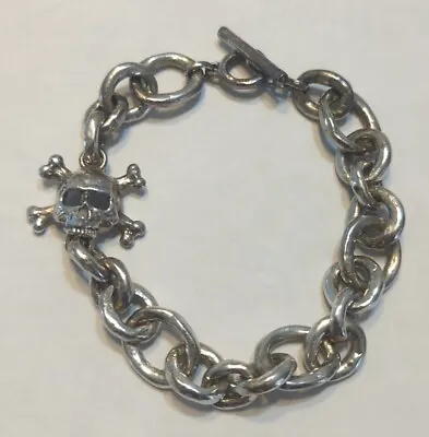 Heavy Sterling Silver Skull Circle Link Men's Biker Bracelet 65 Grams • $124.99