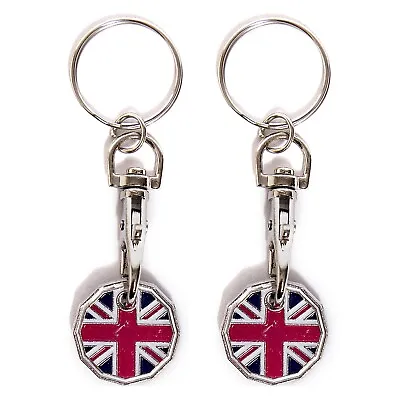 2 Pack Union Jack One Pound Coin Token Keyring Gb Shopping Trolley Keyring • £2.89