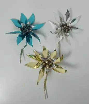 VTG Metallic Foil Poinsettia Flower Christmas Picks W/ Mercury Glass Beads Retro • $19.99