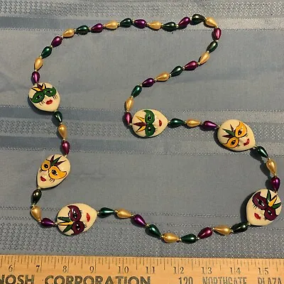 Vintage Mardi Gras Necklace Beads With Hand-painted Jester Masks 21” In Half • $10