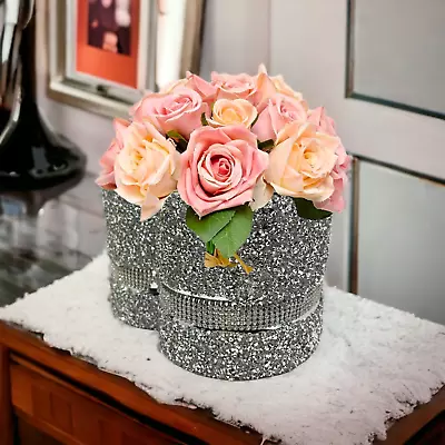 £18.99 • Buy Heart Vase Sparkle Bling Crushed Diamond Ornament With Heart Designs For Living