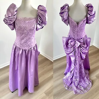 Vtg 80's Prom Dress Puff Sleeve Bow Sash Lavender Purple Read! • $69.99