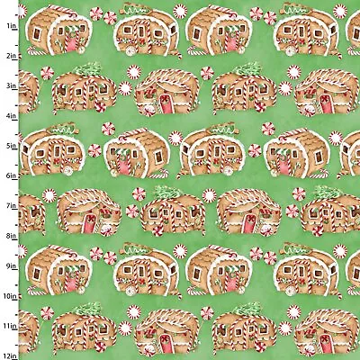 Christmas Fabric | Gingerneering Gingerbread RV Trailer Green | 3 Wishes YARD • $10.98