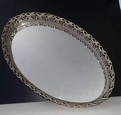 Vintage Oval Mirrored Vanity Dresser Jewelry Perfume Tray Silver Toned Metal • $25