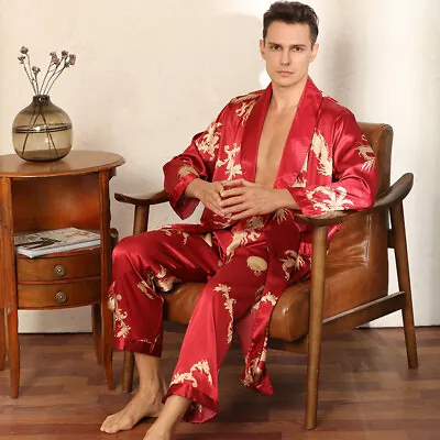 Two-piece Robe Suit Mens Silk Satin Dragon Dressing Gown Robe Dragons Bathrobe • $26.99