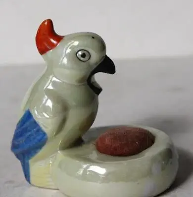 Parrot Bird Figurine Lustreware Mouth Open Made Japan Sewing Pin Cushion VTG --- • $12.99